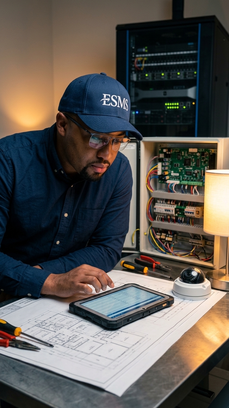 Security technician reviewing project plans
