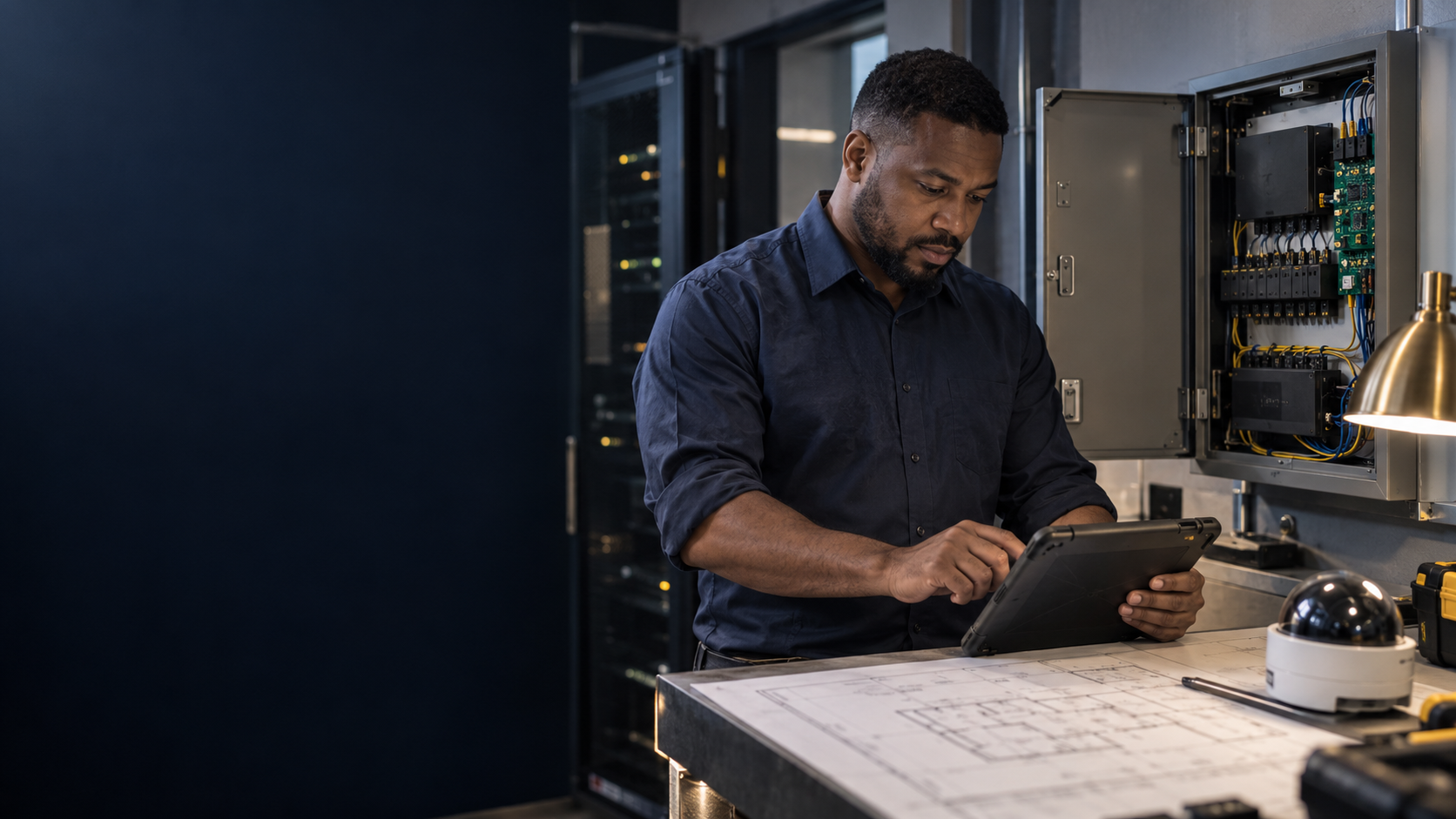Security technician reviewing project plans